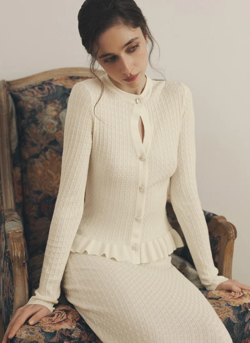 Lichi Fitted textured-knit cardigan with ruffles